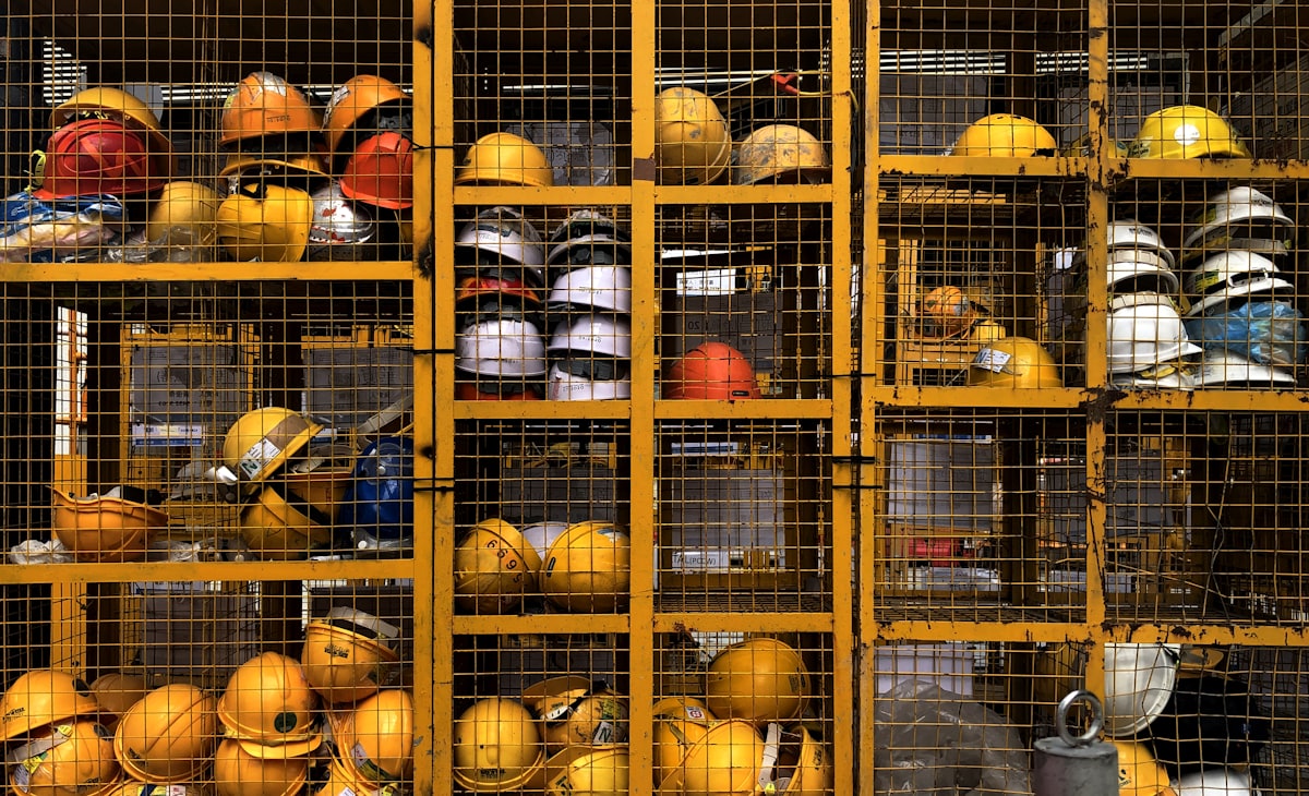Safety helmets on display in a supply store