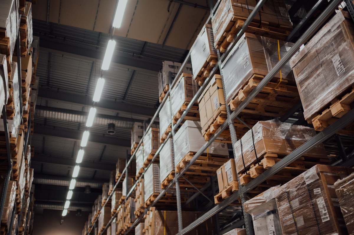 Racked shelving holding boxed trade goods